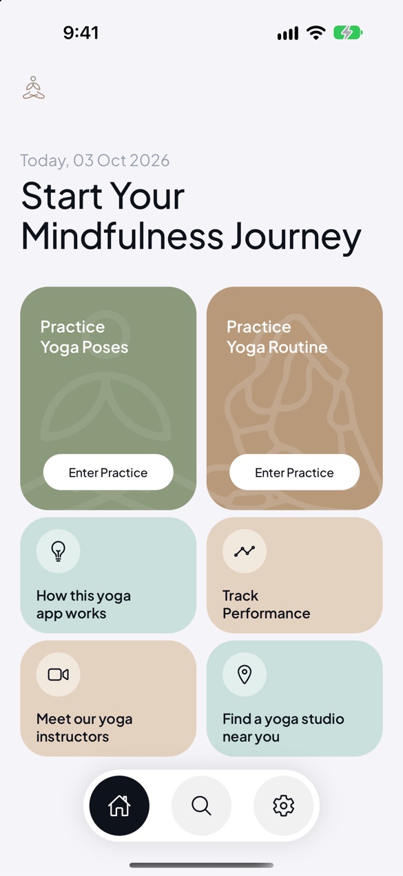 GoYogAI on iPhone: the home screen with poses, routines, how it works, progress, instructors and studios nearby