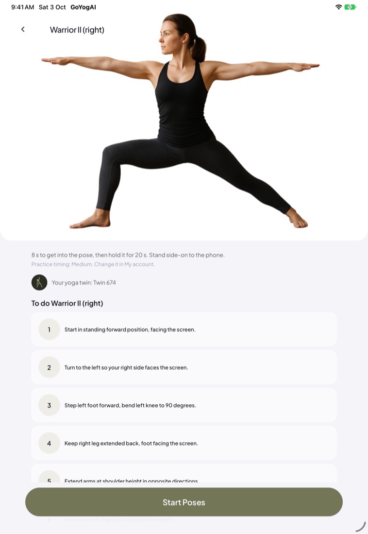 GoYogAI on iPad: the Warrior II pose page with its photo, your practice timing and the steps