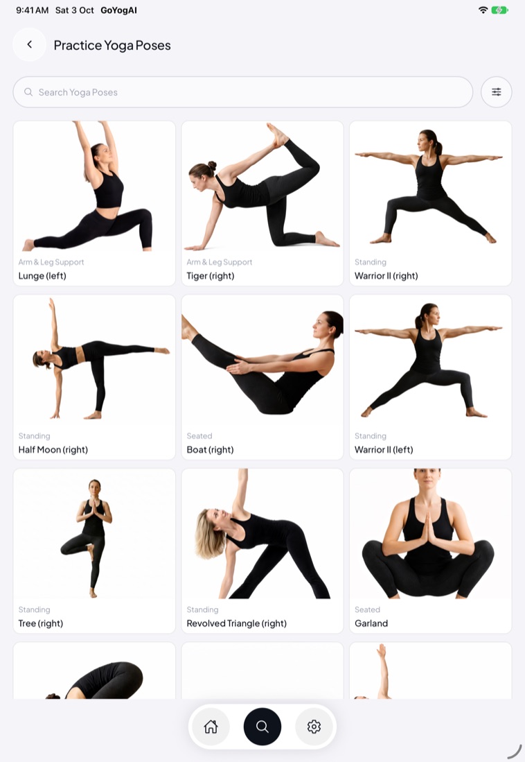GoYogAI on iPad: the pose library, three photos per row