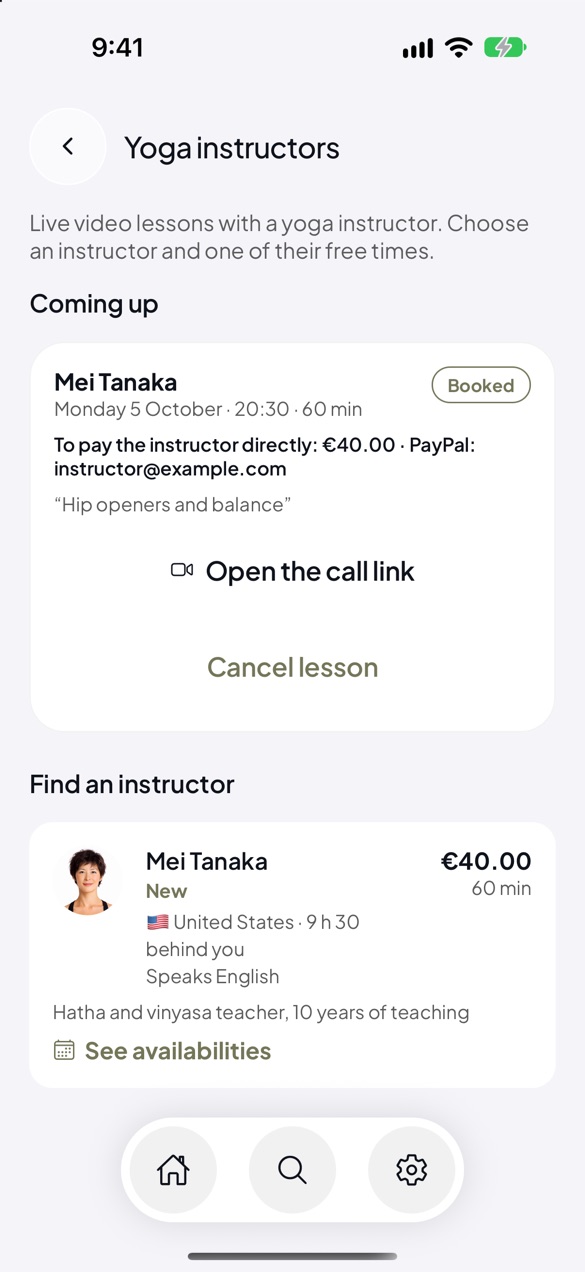 Yoga instructors with their photo, and a booked live lesson
